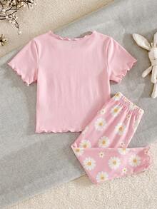 Baby Girl Cartoon Pattern Ruffle Trim Round Neck Short Sleeve Top And Pants Soft Comfy Pajama Set, 2pcs - Multicolor - View 2