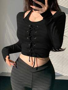 DAZY Women Spring Design Sense Cross Strap Tight Crop Top With Long Sleeve And Hollow Out Stripes Going Out Tops Women - Black - View 6