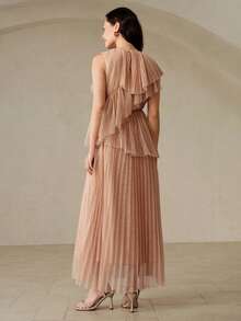 BELROSIE European And American Style Spring/Summer New Fashionable Versatile Solid Color Mesh Crinkle Multi-Layer Ruffle Hem Long Sleeveless Dress - Dusty Pink - View 2