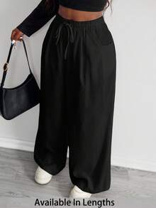 SHEIN PETITE CURVE 女士极简波西米亚风度假休闲基础款日常穿搭亚麻舒适低腰宽松裤 - 黑色 - 查看 2