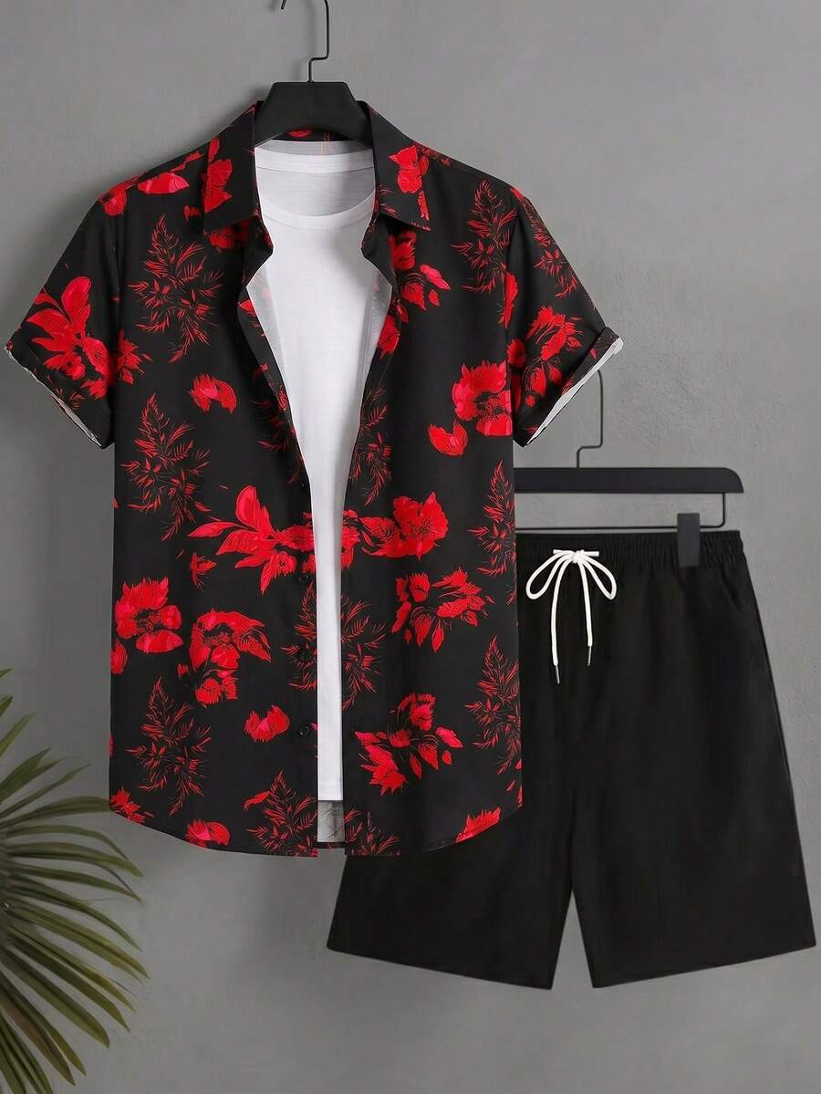 Oro Vacation Bộ đồ đi biển nam gồm áo sơ mi ngắn tay in hoa và quần short. - Đỏ - Xem 1