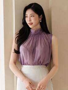 DAZY 春夏休闲奢华小众雪纺系领衬衫，优雅真丝女式衬衫 - 紫色 - 查看 3