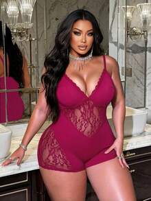 NU&NOW Plus Size Women's Fashionable Sexy Lace Patchwork Jumpsuit Cocktail Mint Green Summer - Hot Pink - View 3