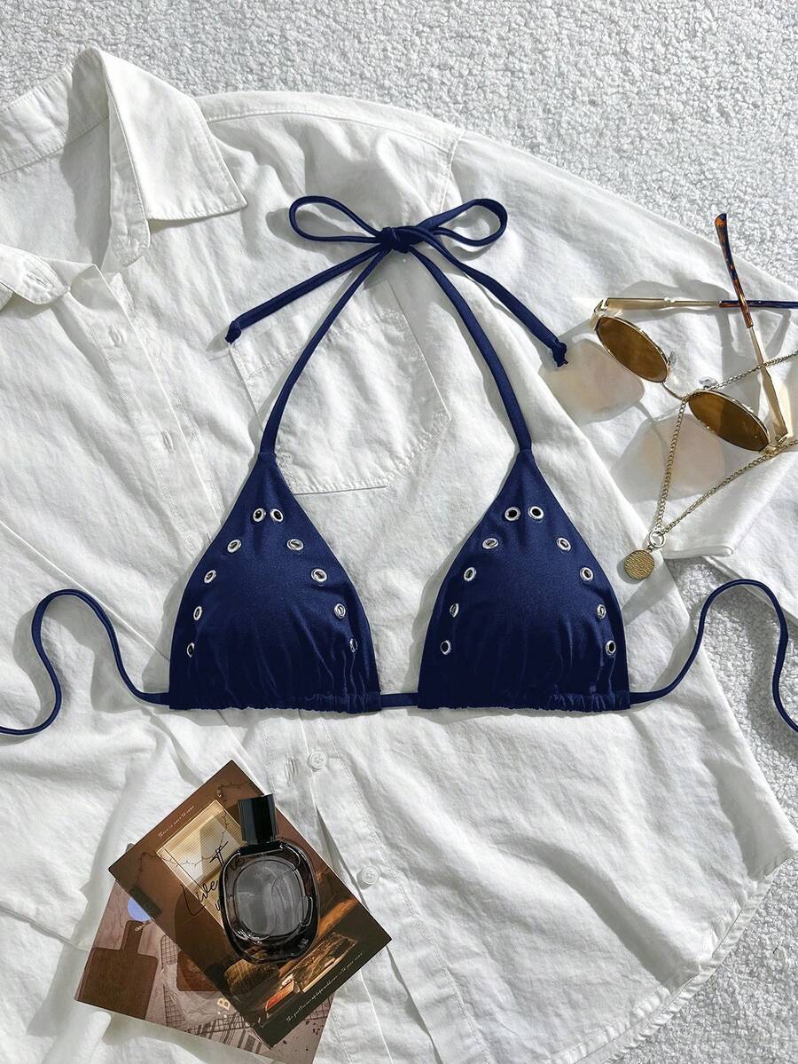 Swim Basics Women's Summer Beach Vacation Keyhole Design Sexy Halter Bikini Top - Navy Blue - View 1