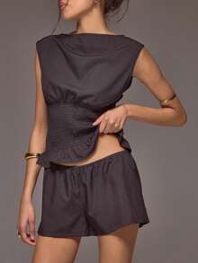 Slash Neckline Cap Sleeve Cinched Waist Top Low Rise Micro Mini Short Co-Ord Set Spring Summer Holiday Vacation Ibiza Roja De Sol - Black - View 2