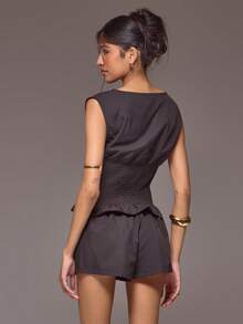 Slash Neckline Cap Sleeve Cinched Waist Top Low Rise Micro Mini Short Co-Ord Set Spring Summer Holiday Vacation Ibiza Roja De Sol - Black - View 4