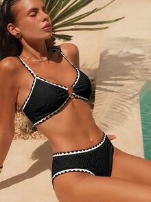 SHEIN Women's Black Summer Cute Beach Holiday Textured Bikini,Halter Round Ring Design Top&Bottom 2 Pieces Swimsuit,Solid Color Edged Resort Vacation Set - Black - View 3