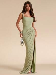 SHEIN BAE Sage Green Women's Ruched Bandeau Fitted High Slit Dress, Tight Elegant Flowing Suitable For Vacation, Beach, Bridesmaid, Wedding, Spring/Summer - Green - View 7