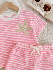LMoss Kids 2pcs Baby Girl Knitted Striped Round Neck T-Shirt And Shorts Set - Coral Pink - View 5