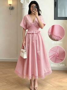 Modelyn Women's 3D Floral Waist-Cinched Short Sleeve Elegant Slimming High-Quality A-Line Pleated Dress - Pink - View 6