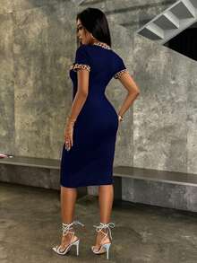 EMERY ROSE Women's Leopard Print Patchwork Color Fashionable Date Party Knit Dress - Navy Blue - View 2