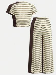 SHEIN 4件套女童针织纯色条纹褶皱T恤和宽松长裤套装 - 彩色 - 查看 2
