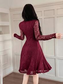 Feyla Women's Elegant Solid Color Lace Mini Dress - Burgundy - View 6