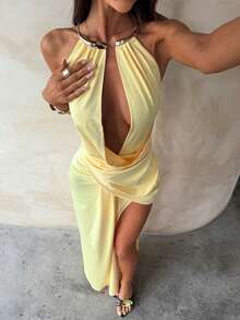 Aloruh 女士性感露背派对礼服，浪漫奶油黄色无袖高开衩垂坠长裙，夏季必备 - 黃色 - 查看 6
