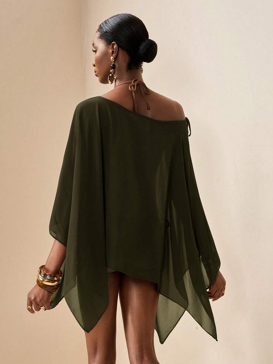 Zivah Áo khoác ngoài dáng vuông bằng chiffon mỏng nhẹ, thích hợp cho kỳ nghỉ biển, dành cho nữ, năm 2026, màu nâu. - xanh quân đội - Xem 1