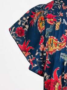 Linhara Plus Size Women's Vintage Textured Striped Paisley Print V-Neck Cap Sleeve Pleated Loose Contrast Color Collar Casual Blouse, Suitable For Spring And Summer, Versatile - Multicolor - View 5