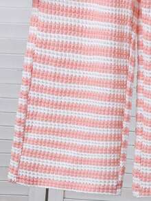 SHEIN Striped Knit Ruched Short Sleeve Top And Matching Pants Set,Light Pink Summer Girls Outfit,Elegant Casual Vacation 2-Piece Family Matching Set - Pink - View 3