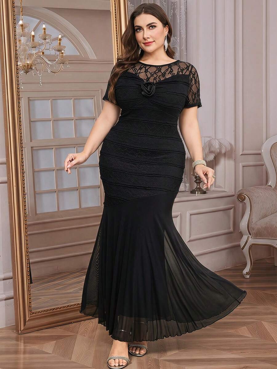 Reflora Plus Size Summer Elegant Contrast Lace 3D Floral Fishtail Hem Dress - Black - View 1