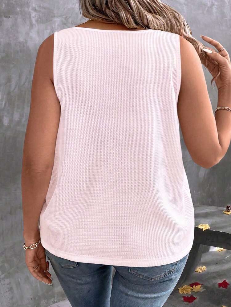 EMERY ROSE Fashionable Casual Basic Retro Pink V-Neck Textured Waffle Knit Plus Size Camisole And Tank Top - Baby Pink - View 2