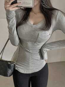 DAZY Solid Curved Hem Tee Summer Long Sleeve Women Tops,Fall Women Clothes - Light Grey - View 3