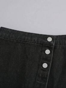 SHEIN Young Girl Casual Versatile Button Asymmetrical Hem Denim Skirt Shorts - Black - View 4