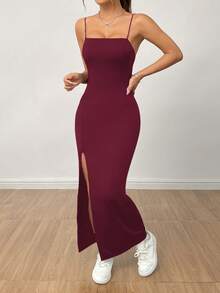 PETITE Vestido largo negro de mujer con correa de abertura alta y unicolor - Beis - Ver 3