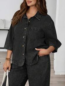 EMERY ROSE Mature Denim Plus Size Drop Shoulder Short Sleeve Front Button Loose Denim Top, Summer Fashion - Black - View 8