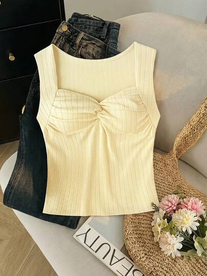 SHEIN Tween Girls Casual Elegant Versatile Knit Textured Square Neck Twist Front Sleeveless Fitted Top, Stylish Design, Spring/Summer/Autumn, Commute, Elegant, Casual, Daily, Y2K, Music Festival, Carnival, Beach, Cruise Summer Outfit