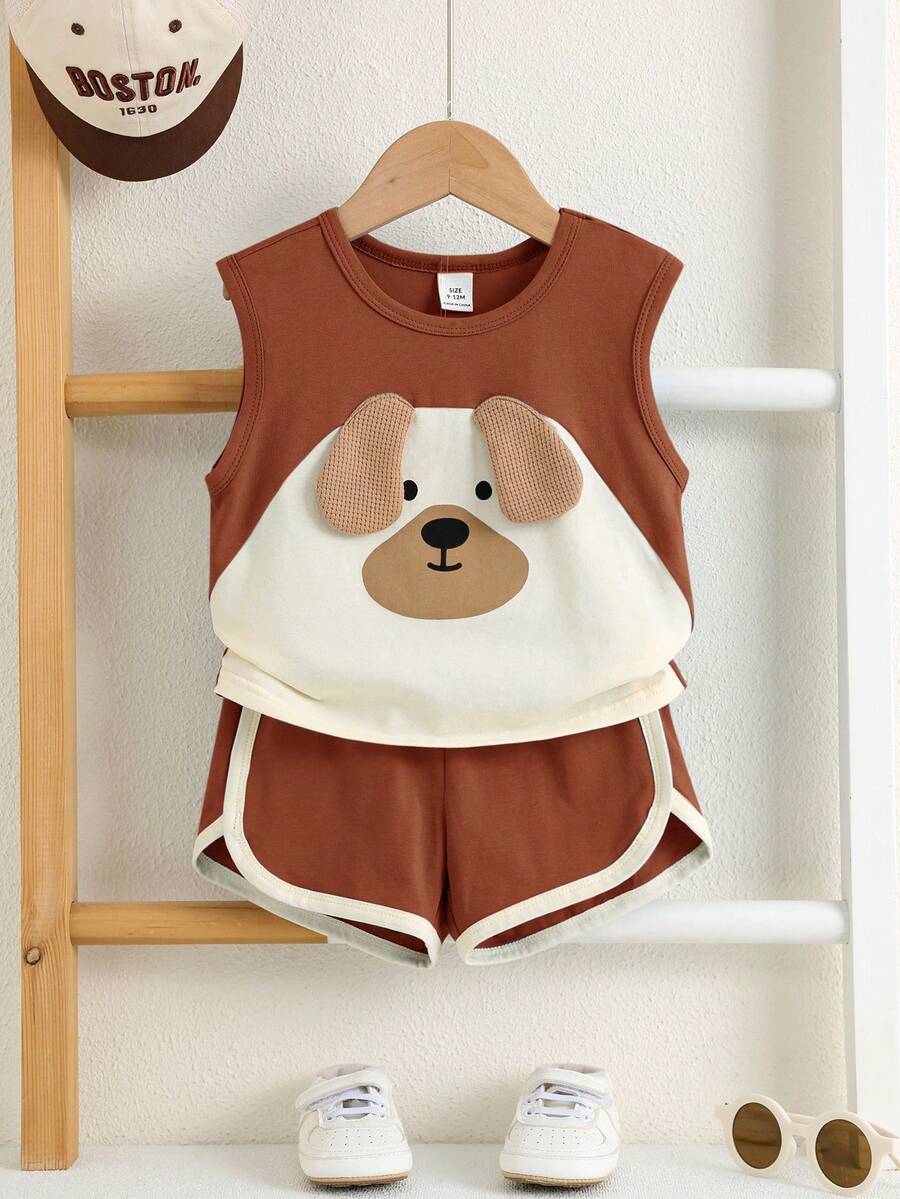 2pcs/Set Baby Boy Cute Cartoon Print Colorblock Sleeveless Tank Top And Shorts Set, Summer Outfit - Multicolor - View 1