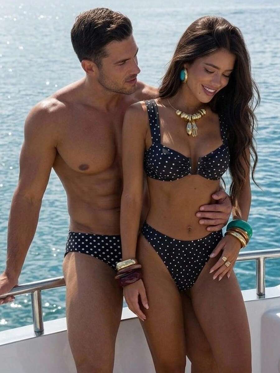 Manfinity Swimmode 男款與女款情侶套裝泳裝,黑色波點夏季熱帶海灘度假短褲,男女款泳褲 - 彩色 - 查看 1