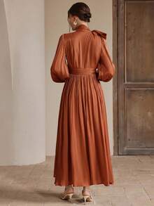 Anewsta Women's Long Dress, Spring/Autumn, Waist Ruched Shiny Elegant Versatile - Burnt Orange - View 2
