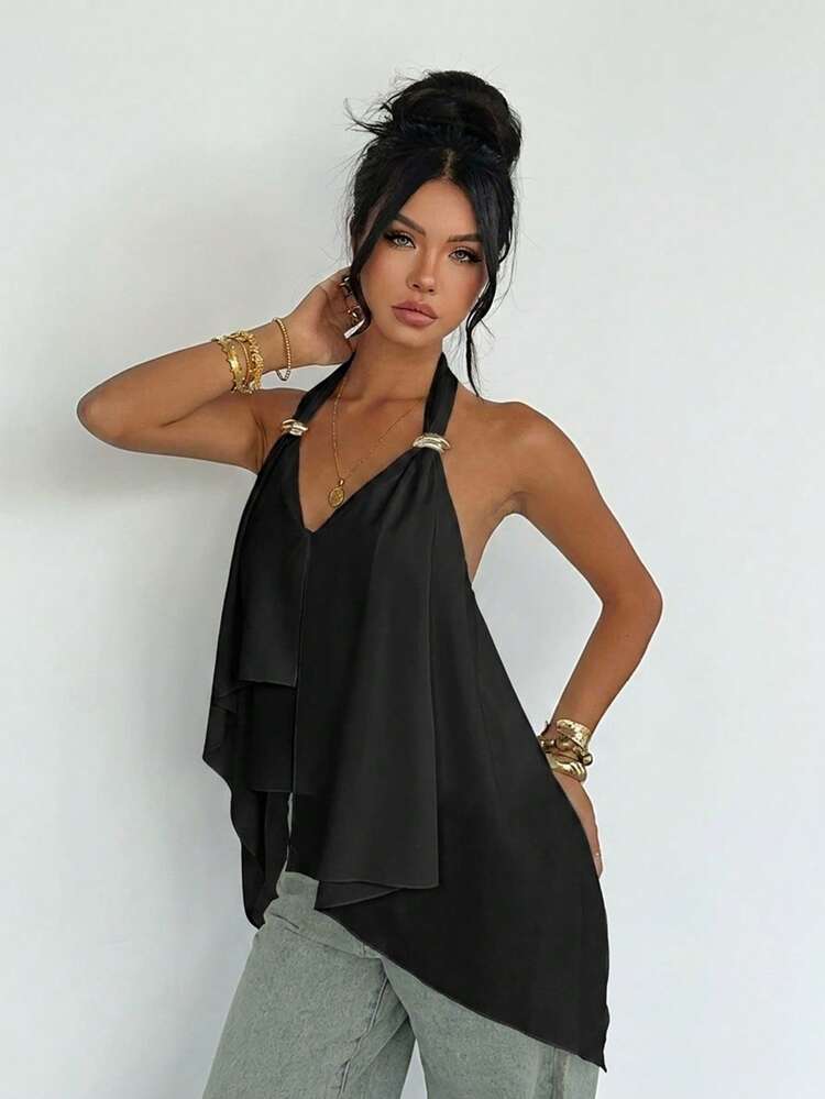 White Metal Decor V-Neck Sleeveless Top For Women