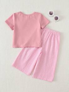 Cozy Pixies 2pcs Baby Girl Floral Embroidered Round Neck Short Sleeve Top And Elastic Waist Pants Set - Pink - View 2