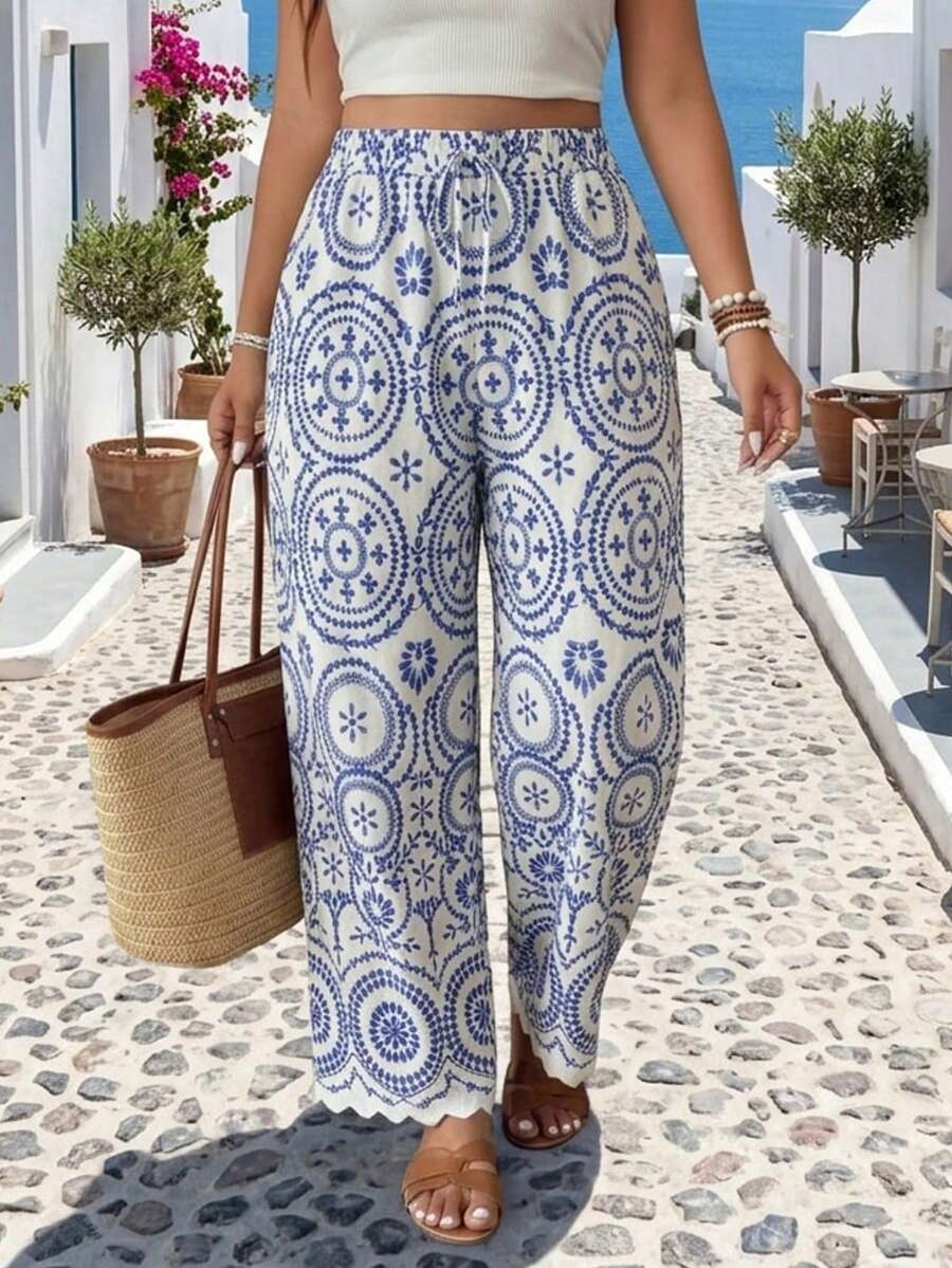 SHEIN Frenchy Trang phục nữ cỡ lớn mùa xuân hè mới, phong cách công sở thường ngày, trang phục đi biển, thời trang ngày Valentine, quần ống rộng màu tím hồng thanh lịch, quần có túi, quần đi biển, trang phục sinh viên màu tím oải hương, trang phục ngày Valentine, trang phục du lịch biển, quần hè rộng rãi cho nữ. - Xanh và trắng - Xem 1