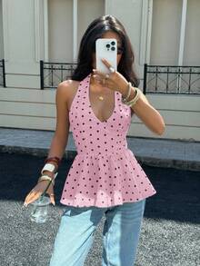 Siren Gaze New Polka Dot Halter Neck Top For Women,Summer Top - Pink - View 4