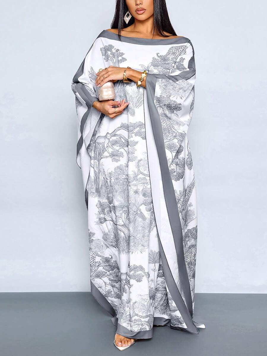 SOLERSUN 女士优雅披肩印花长款连衣裙,露肩沙滩轻盈度假晚礼服,优雅米色印花披肩式长款连衣裙,露肩正式鸡尾酒会礼服 - 灰色 - 查看 1