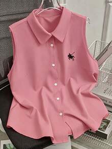 SHEIN LUNE Camisa de polo sin mangas con botones para tallas grandes - Rosado Sandía - Ver 1