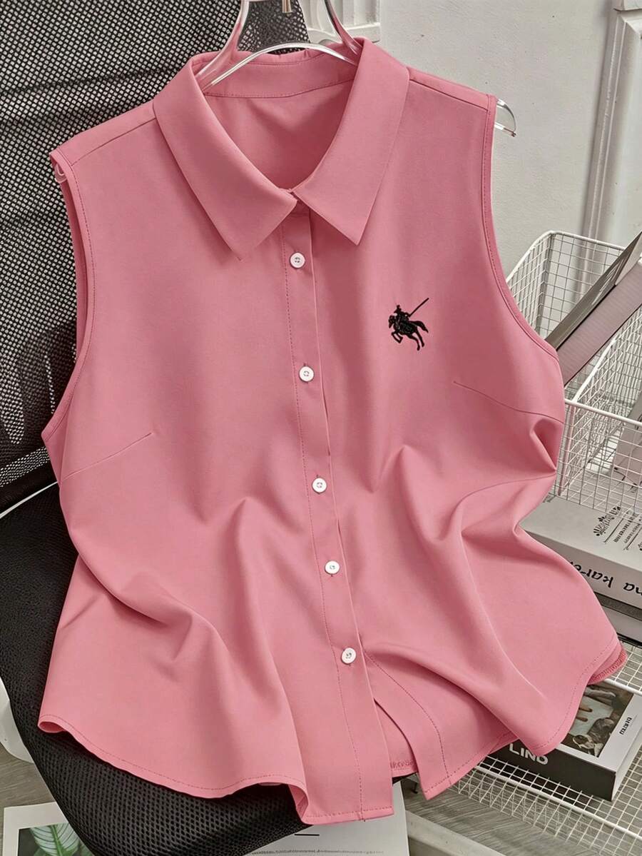 SHEIN LUNE Camisa de polo sin mangas con botones para tallas grandes - Rosado Sandía - Ver 1