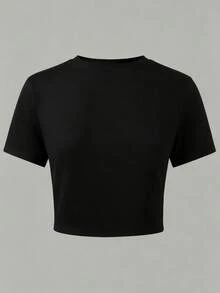 Camiseta de manga corta casual diaria ajustada con cuello redondo y fruncido para niña preadolescente - Negro - Ver 2