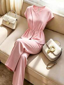GlowEve CURVE Plus Size Women's Woven Regular Early Summer Elegant Comfortable Commute Gym Round Neck Sleeveless Tie-Up Top And Pants Set, Brown - Pink - View 1