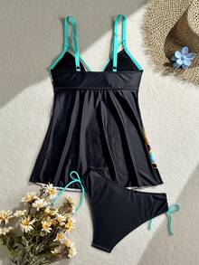 Swim Lushoire 新款春夏花卉印花配色條紋下擺女款坦基尼泳衣套裝 - 彩色 - 查看 2