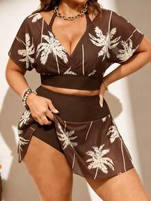 SHEIN Swim Curve 大尺碼女款深V棕櫚葉印花網格兩件式泳衣，修身顯瘦，度假風 - 咖啡棕 - 查看 5