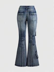 ROMWE Grunge Punk Quần jeans ống loe phong cách punk rách rưới, đa năng với túi hộp và khuy kim loại. - Màu xanh lam - Xem 2