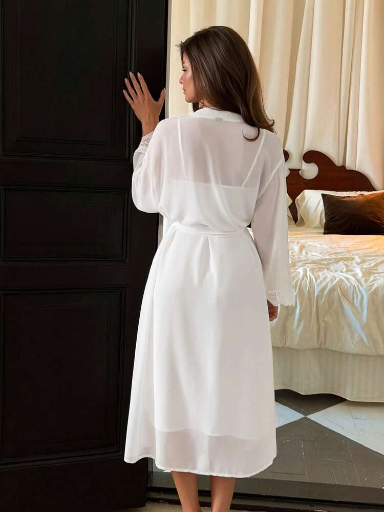 Women's Elegant Solid Color Lace Patchwork Camisole Nightgown & Robe Set