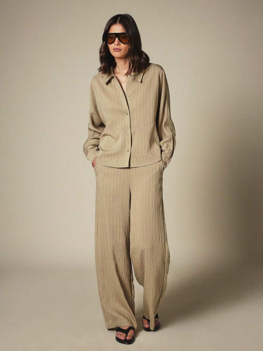 KSTM Women Pinstripe Two Piece Coordinated Set Long Sleeve Button Down Shirt Wide Leg Pants Casual Office Workwear - Khaki - View 1