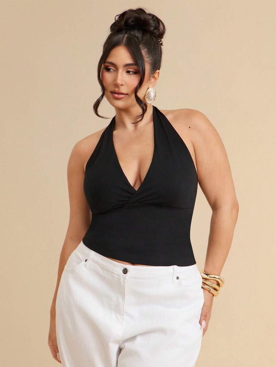 SHEIN BAE CURVE 大尺碼女款 1 件裝棉質黑色休閒掛脖上衣,優雅街頭時尚 Y2K 風格,適合春夏穿搭,適用早午餐、街頭穿搭、約會之夜、通勤、郵輪旅行、Ibiza 之旅、演唱會、Rave 派對與音樂節,適合早餐、外出、約會、通勤、郵輪、Ibiza - 黑色 - 查看 1