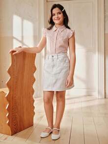 Anewsta Tween Girl Sweet Style Faux Pearl Beaded Ruffle Trim Blouse - Baby Pink - View 6