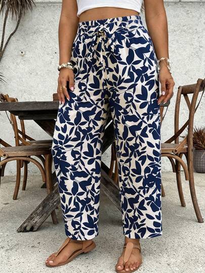 Freevana Calças Estampadas com Silhueta Floral em Cor Sólida para Mulheres Plus Size
