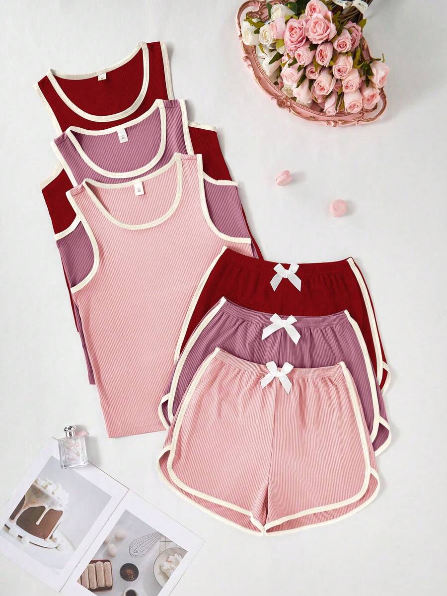 Snug Zone 6pcs/Set Women Contrast Trim Casual Camisole And Shorts Pajama Set, Multi-Color - Multicolor - View 1