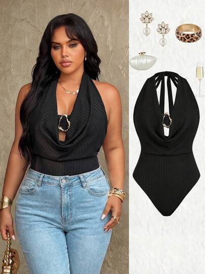 Rustia Casual Elegant Minimalist French Style Sleeveless Tie-Front Metal Decor Bodysuit, Fitted Jacquard Fabric, Summer Vacation, Plus Size Women